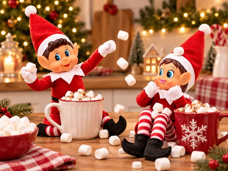 Deux lutins dans un décor chaleureux de Noël, illustration
