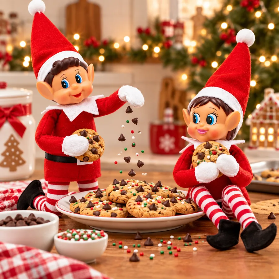 Deux lutins préparent une scène de biscuits de Noël, illustration générée par IA