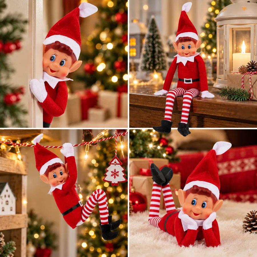 Quatre scènes de Noël avec le lutin garçon, illustration générée par IA