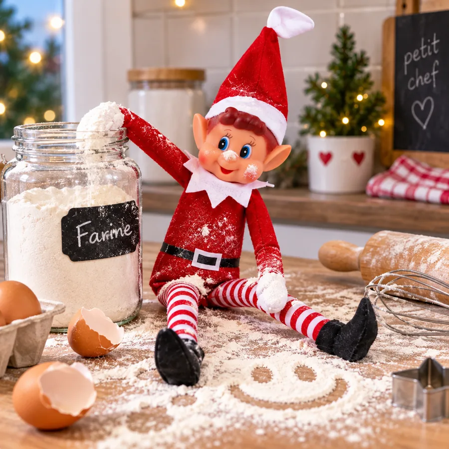 Lutin garçon dans une scène de cuisine à la farine, illustration générée par IA