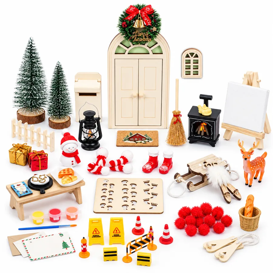 Accessoires miniatures de Noël disposés sur fond clair, illustration générée par IA