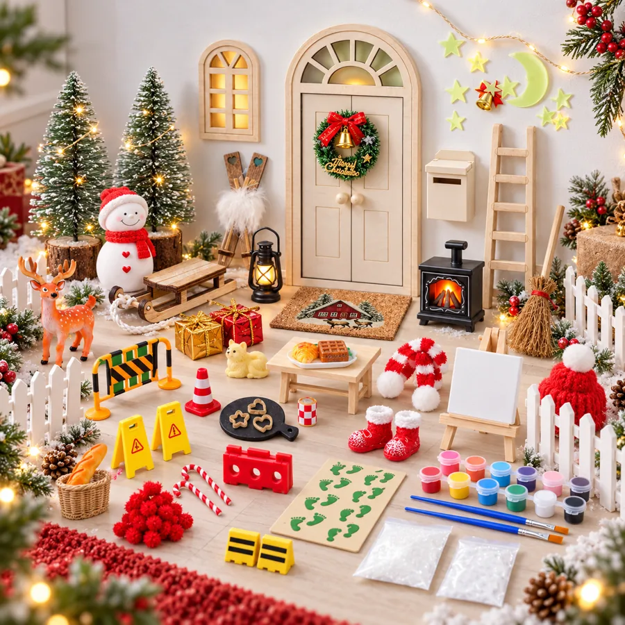 Décor de Noël avec porte miniature et petits accessoires, illustration générée par IA