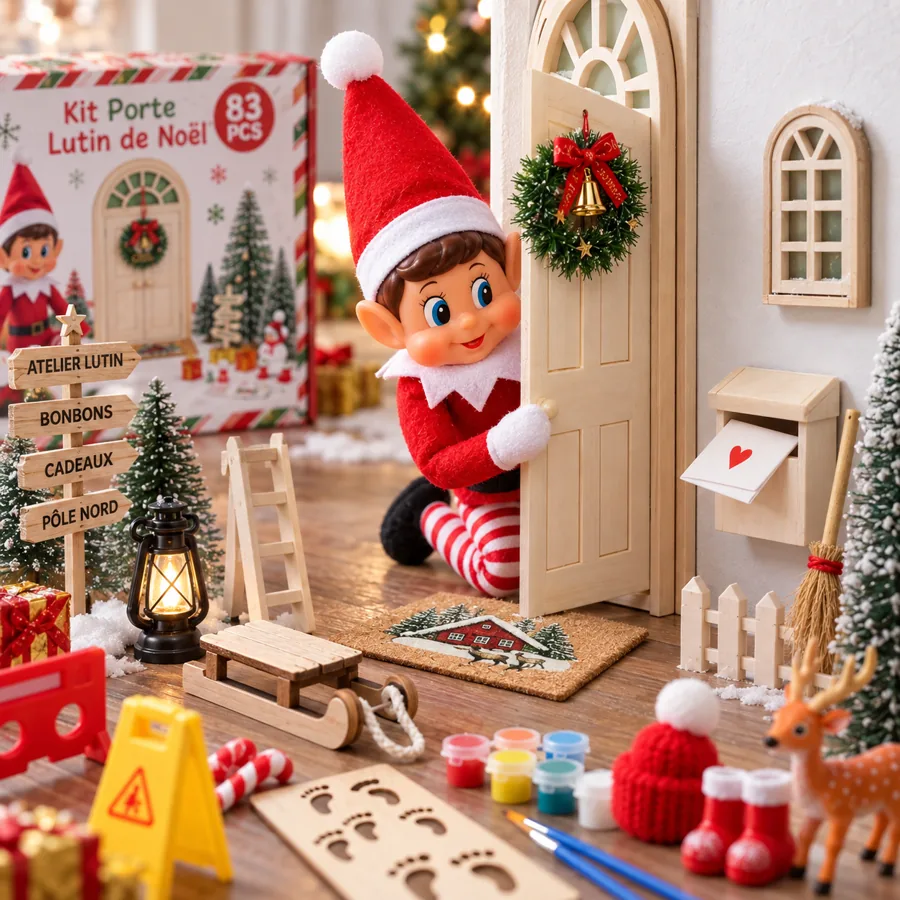 Porte miniature de lutin dans une mise en scène de Noël, illustration générée par IA
